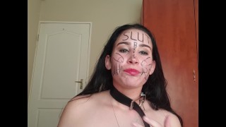 Self degrading slut gags herself and self face slapping with dirty tal...