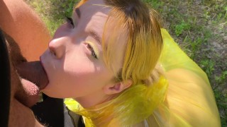 Deepthroat blowjob from babe in raincoat on naked body