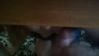 Step sister hiding under table get huge accidental oral load while spy...