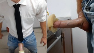 The guy with a big dick locked the utility room and pumped cum into an...