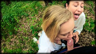 Two Girlfriends Suck Cock in the Woods - Threesome Outdoor Blowjob - P...